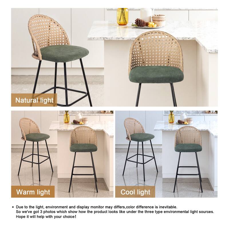 Coastal Rattan Back Counter Height Upholstered Bar Stools