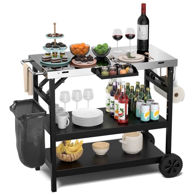 3 Tiers Foldable Outdoor Cart on 2 Wheels with Phone Holder-Black - 42" x 20.5" x 33" (L x W x H)