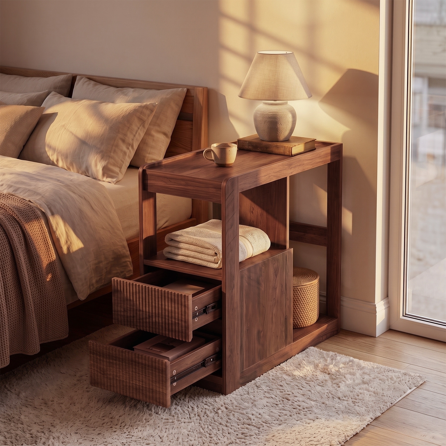 12.8″ Wide Rolling Nightstand with 2 Drawers & Open Storage, Walnut Veneer