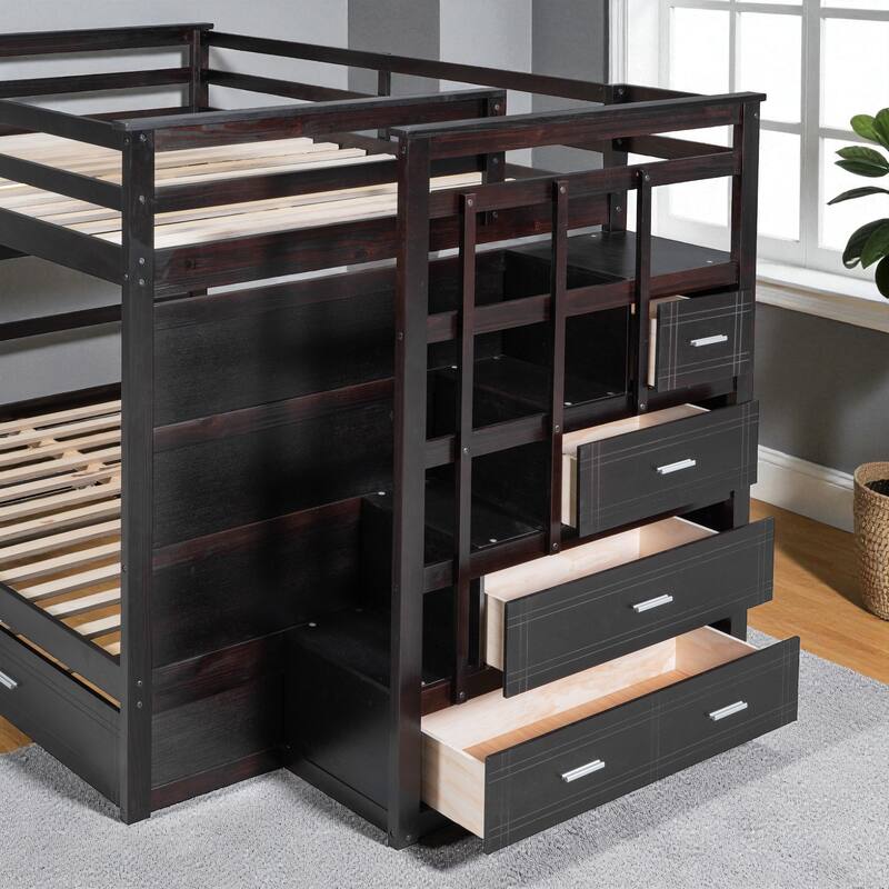 Full Over Full Bunk Bed with Twin Trundle and Storage Staircase, Solid Wood Frame, Space-Saving Design