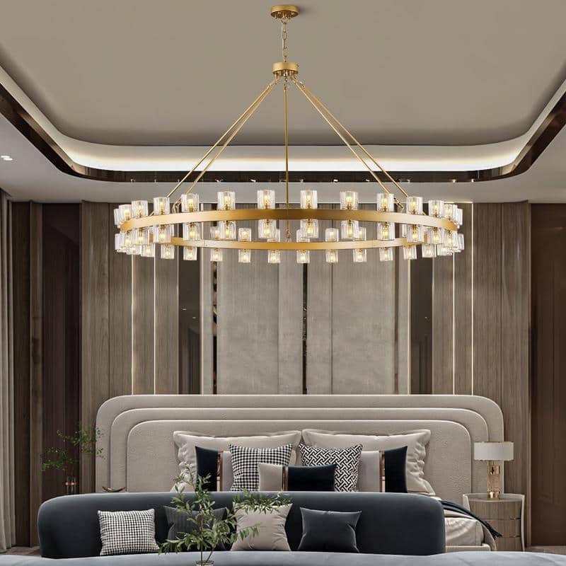 KAYLA Wagon Wheel Chandelier With Crystal Shade - 60in-60Light/Chain - Gold