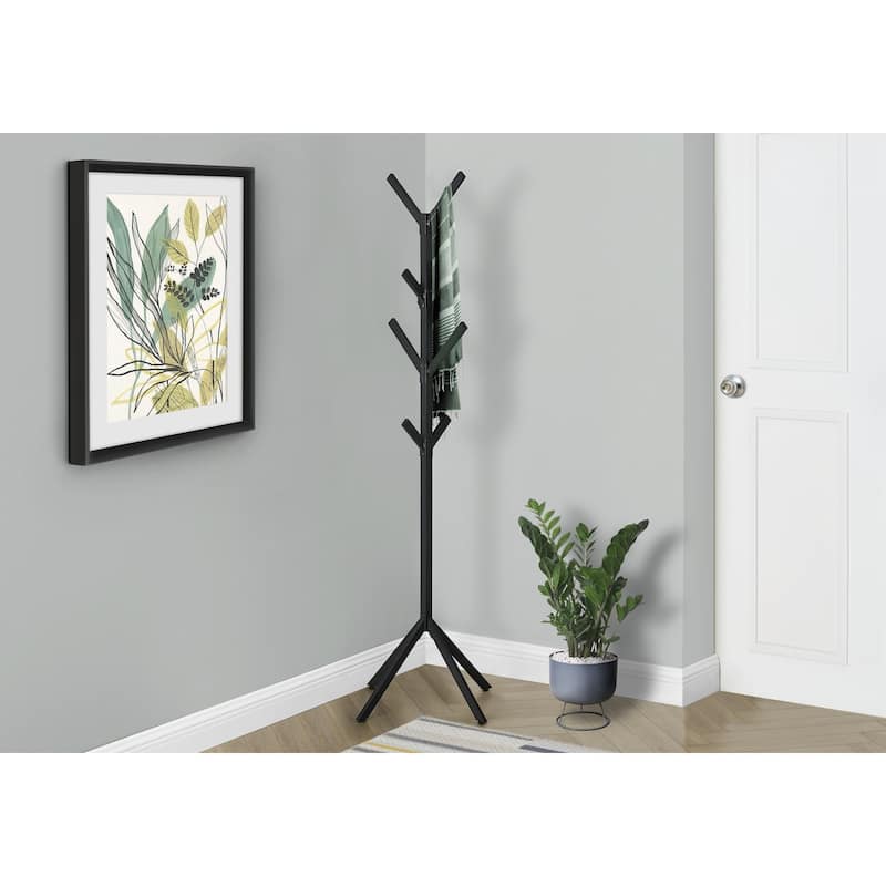 Coat Rack, Hall Tree, Free Standing, 8 Hooks, Entryway, 70"h, Bedroom, Black Metal, Contemporary, Modern