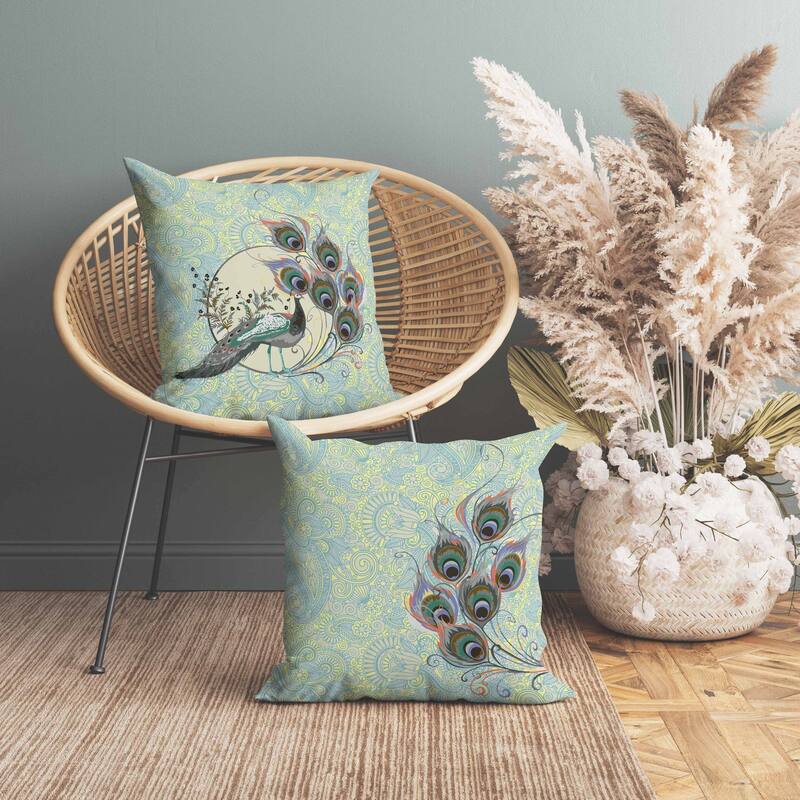 Paisley Peacock Dreams Indoor/Outdoor Reversible Throw Pillow Skyblue and Yellow