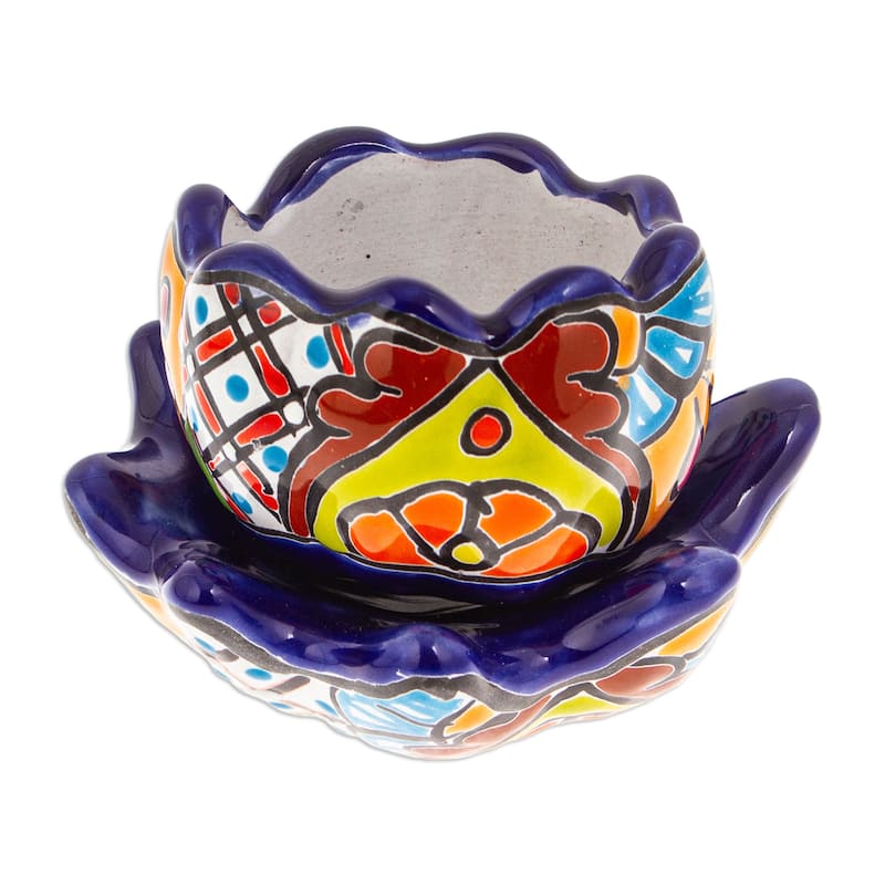 Novica Handmade Talavera Eden In Indigo Ceramic Flower Pot