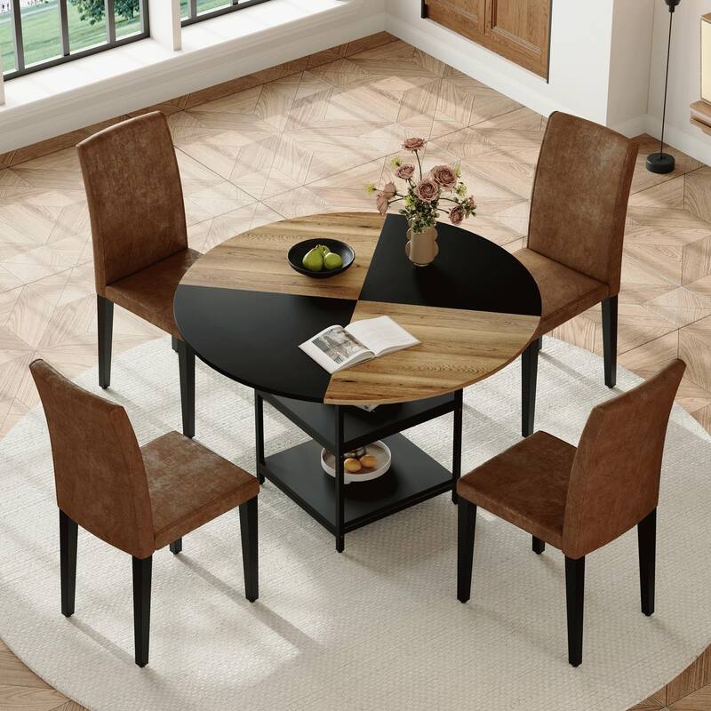 47.3-inch Round Dining Table Set with Double-Layer Storage, PU Chairs, Wood and Black Fan Panels, Non-Slip Mats