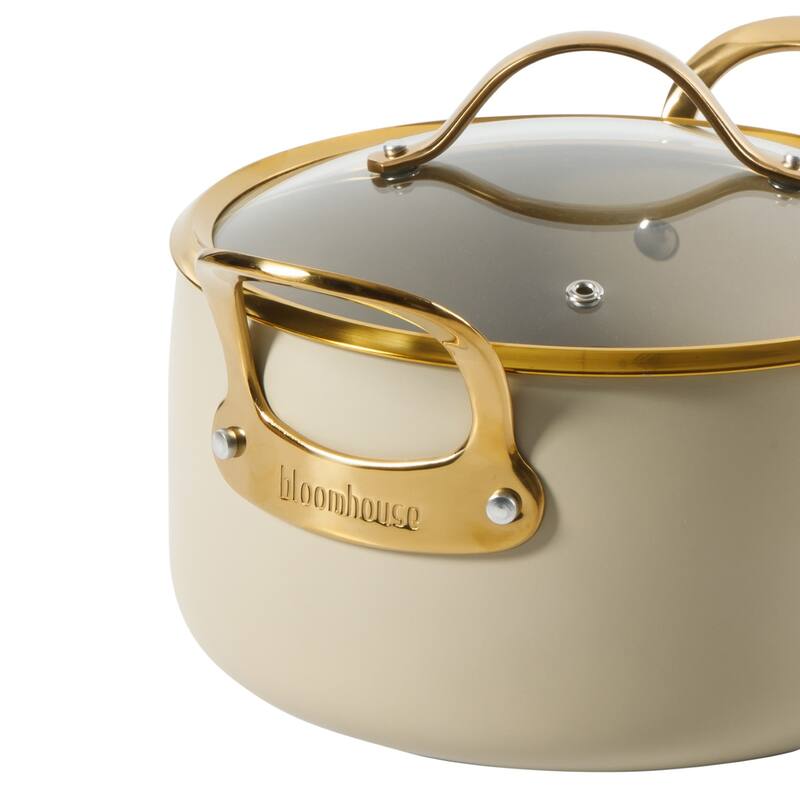 Bloomhouse 15 Piece Pots and Pans Heavy Duty Aluminum Premium PFA Free Ceramic Nonstick - Almond Cream with Gold Handle