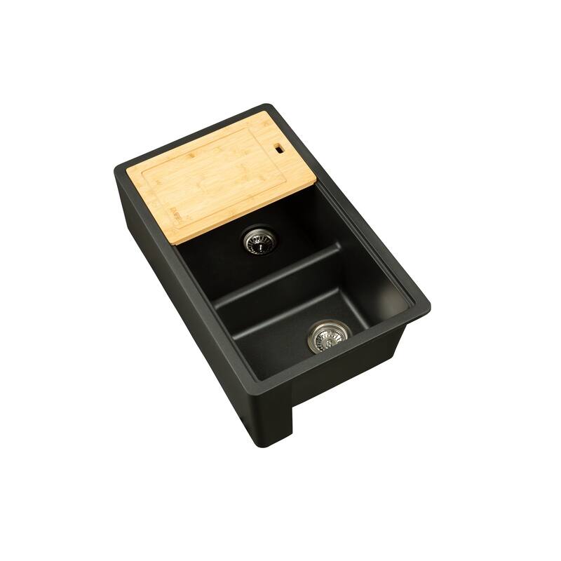 Titan Farmhouse Granite 33-in. Double Kitchen Sink w/ Cut Board and Strainer - Black