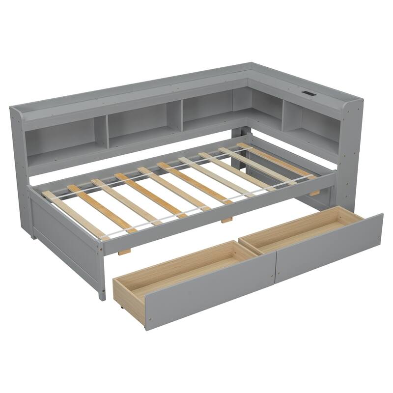 Twin Size L-shaped Bookcases Bed with Power Outlets