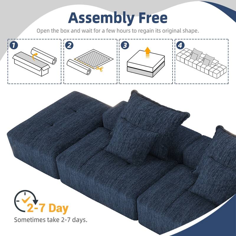 Floor Sofa Sectional Couch with 2 Ottoman, Modern Oversized Chenille Modular Sofa with 4 Pillows for Apartment