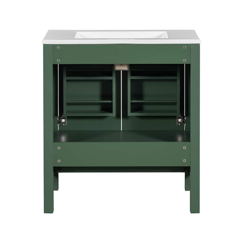 Roomfitters 30 Inch Bathroom Vanity with Single Ceramic Sink, Soft-Close Doors, Divided Drawer & Storage Cabinet, Green