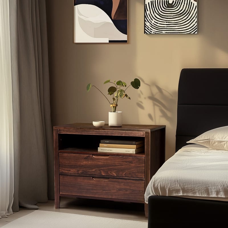 Brown Mid-Century Modern Nightstand 2 Drawers Upper Shelf P2 Density Board Solid Wood Veneer 29 inches 1 piece