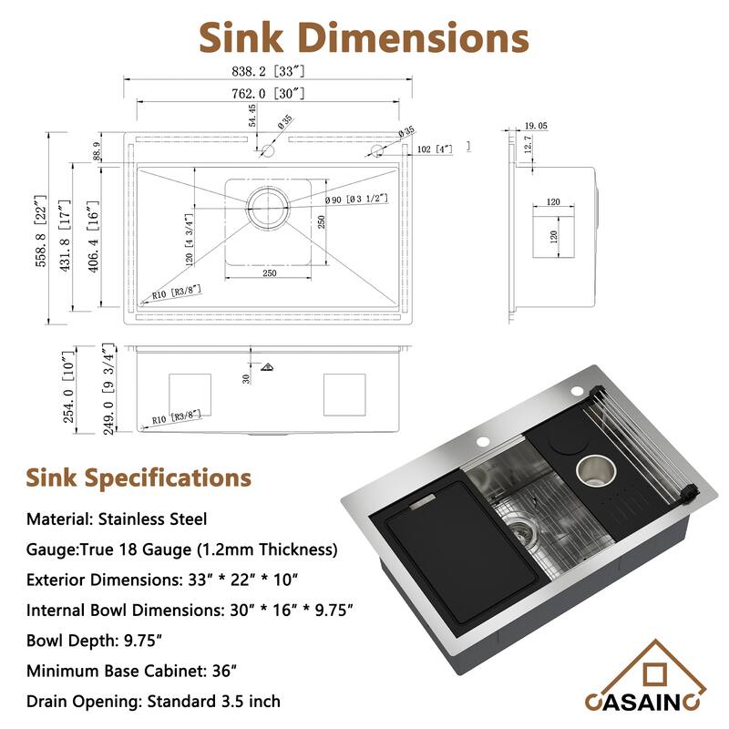 Handmade All-in-One Drop-In 2-hole 33 in. Single Bowl 18 Gauge Stainless Steel Workstation Kitchen Sink with Spring Neck Faucet