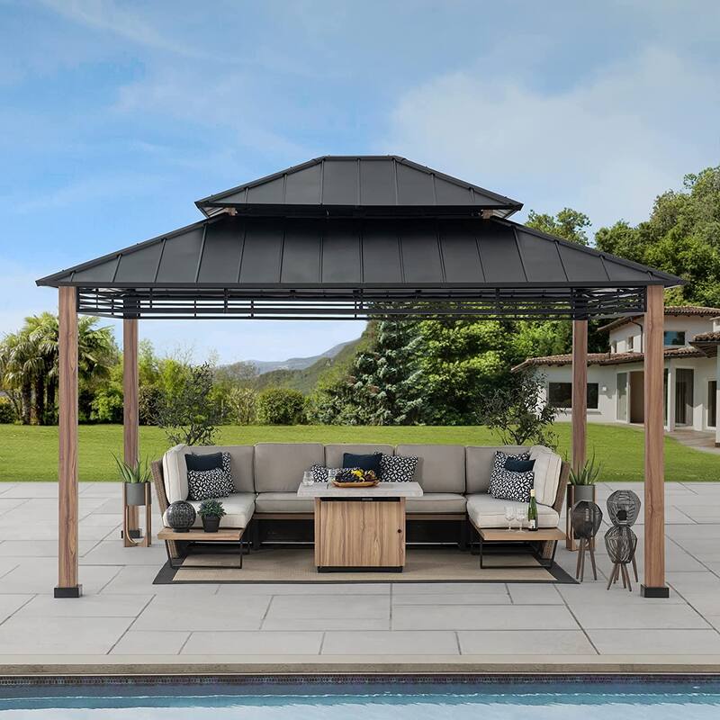 Sunjoy Roberts 13 ft. x 15 ft. 2-tier Hardtop Gazebo - 13 Ft. x 15 Ft. - Black