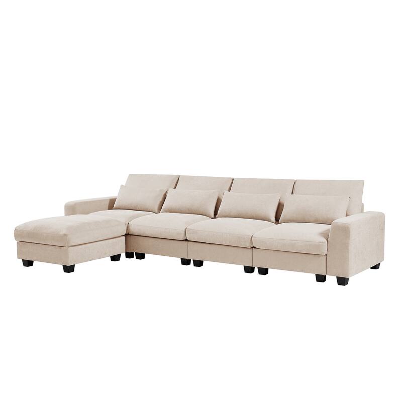 129.9" Chenille L-Shape Sectional Sofa with Reversible Chaise, Feather-Filled Cushions and Spring Support