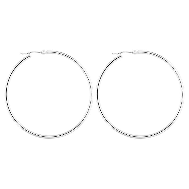 Curata 14k White Gold Shiny 2.0x50mm Round Tube Hoop Earrings - With Hinged Clasp
