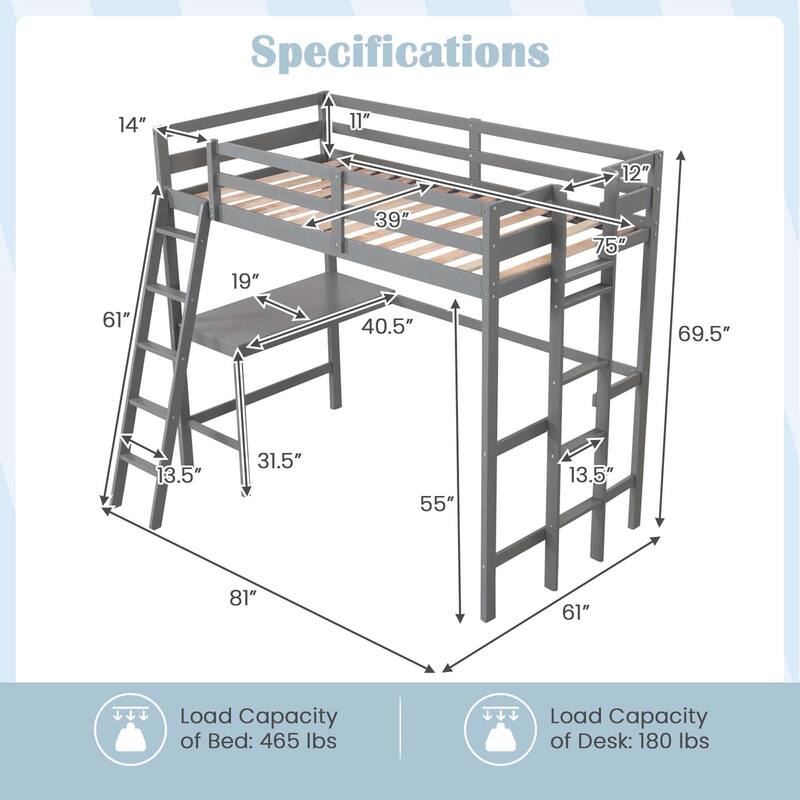 Costway Twin Size Loft Bed w/ Desk & Shelf 2 Ladders & Guard Rail for