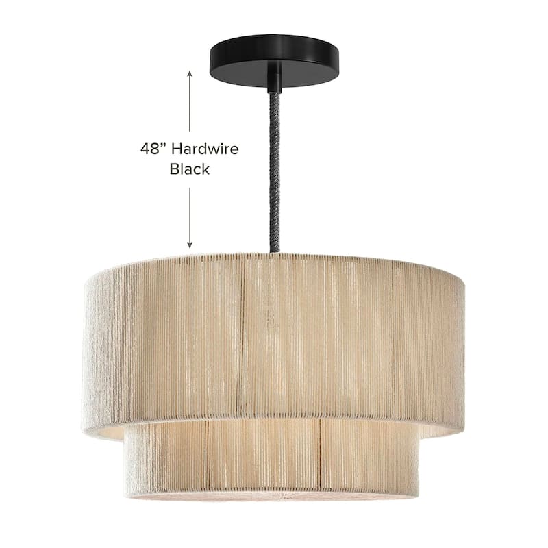 Elaine Rattan Pendant Light - Ivory White Large Drum 1-Light Handwoven Light Fixture For Modern, Boho, Farmhouse Room Decor - 24" - 48" Hardwire Black
