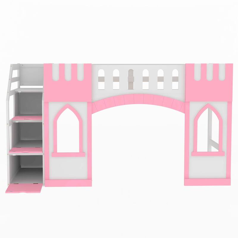 Pink Solid Wood Loft Bed with Storage Staircase and Window for Kids, Boys and Girls