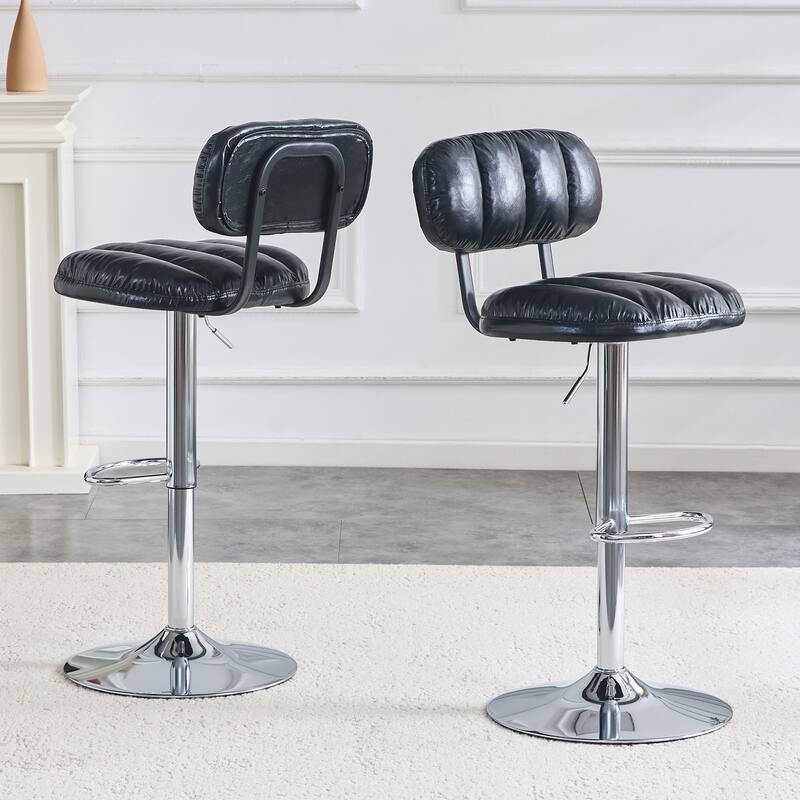 Set of 2 Adjustable Height Bar Stools, Black PU Leather with Chrome Base & Footrest