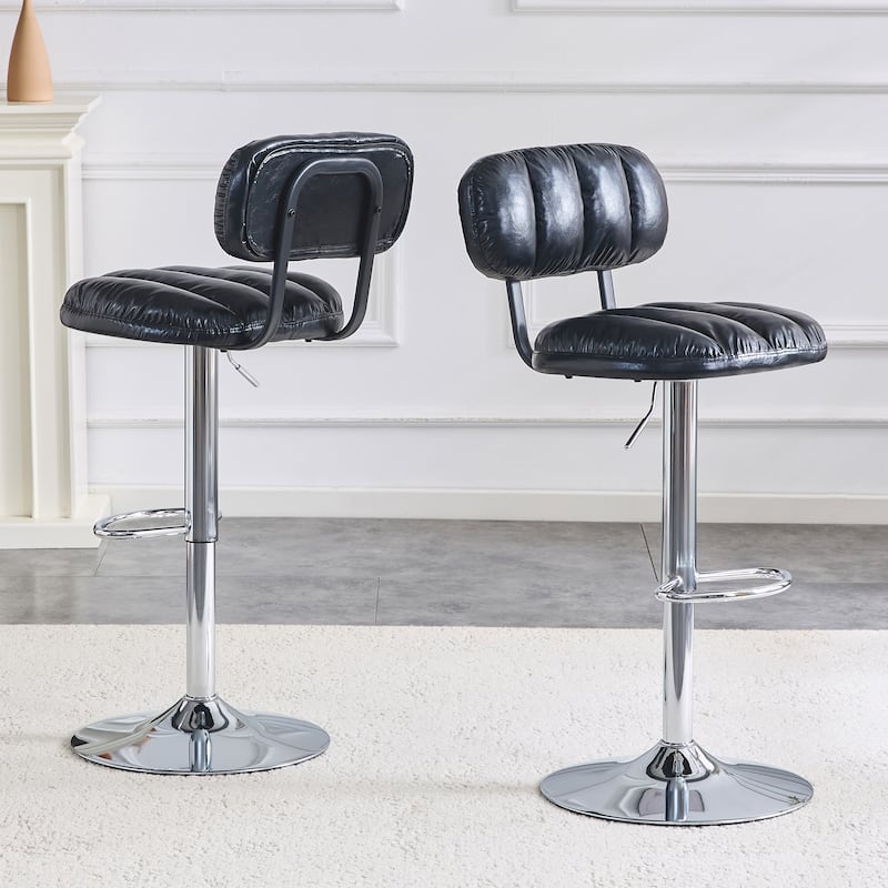 Set of 2 Adjustable Height Bar Stools, PU Leather Upholstered with Chrome Base & Footrest, Modern Comfortable Stools