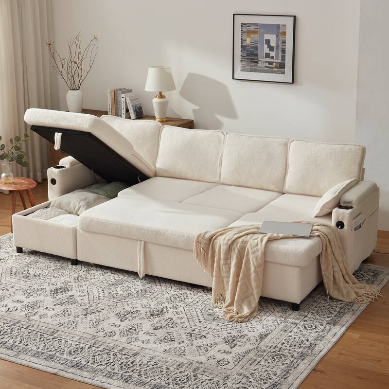 Convertible Sleeper Sofa 3-in-1 Pull Out Sectional Sofa Bed L/U-Shaped Couch with Storage Chaise