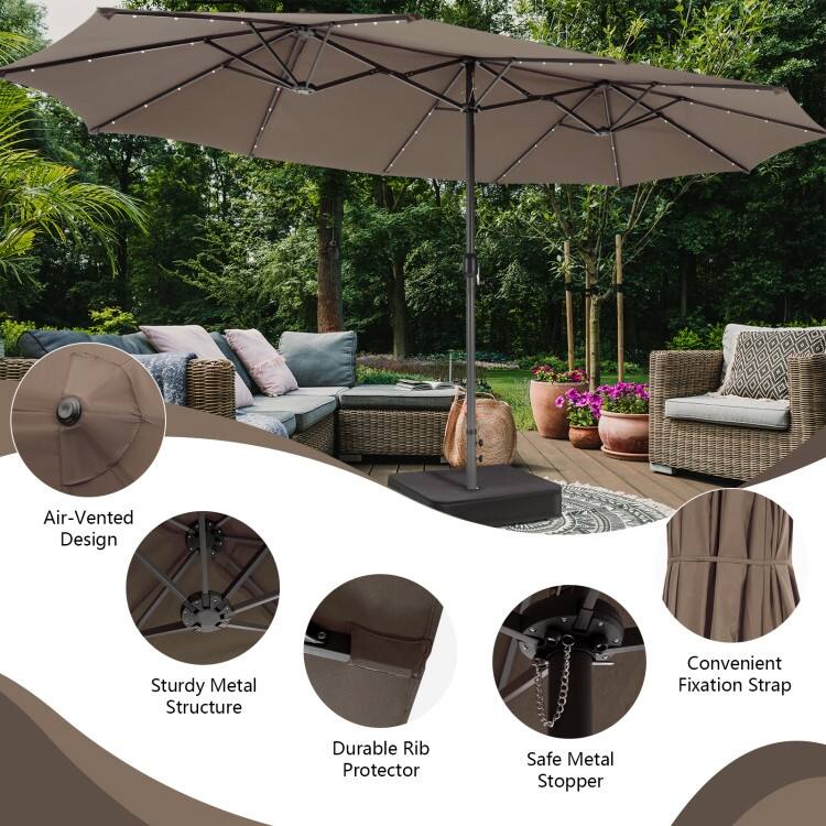 15FT Double Sided Patio Umbrella with LED Lights and Hand Crank Canopy