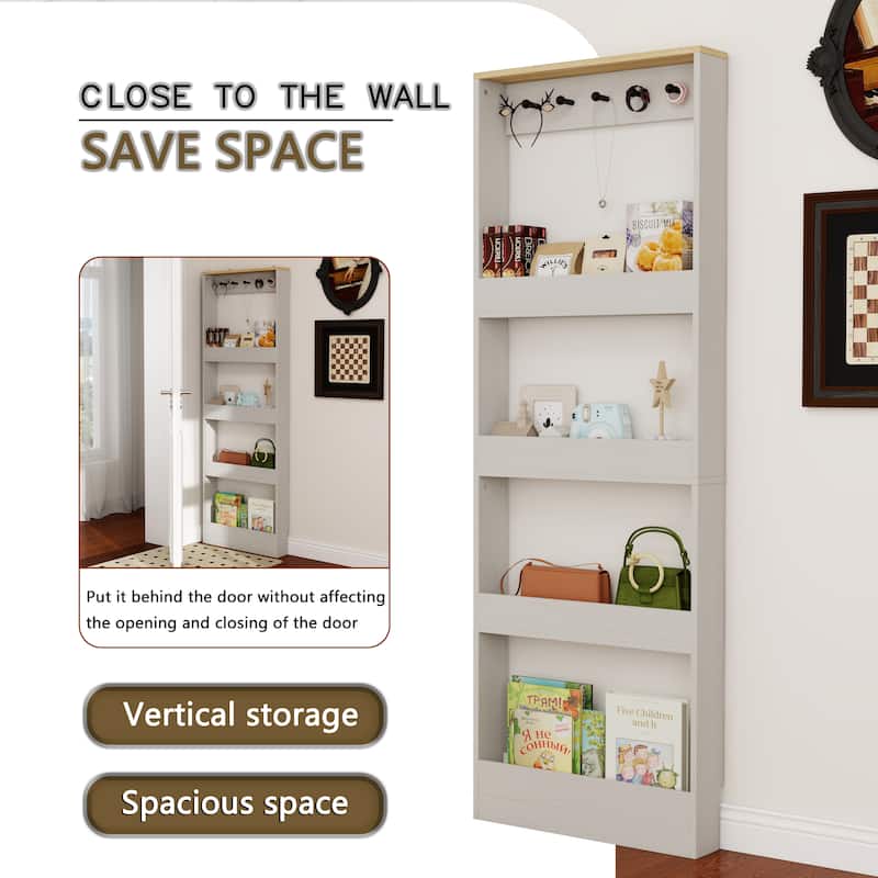 69" Tall Bookcase with 4 Shelves and 5 hooks, Wall Mounted Space-Saving Narrow storage cabinet for Living Room
