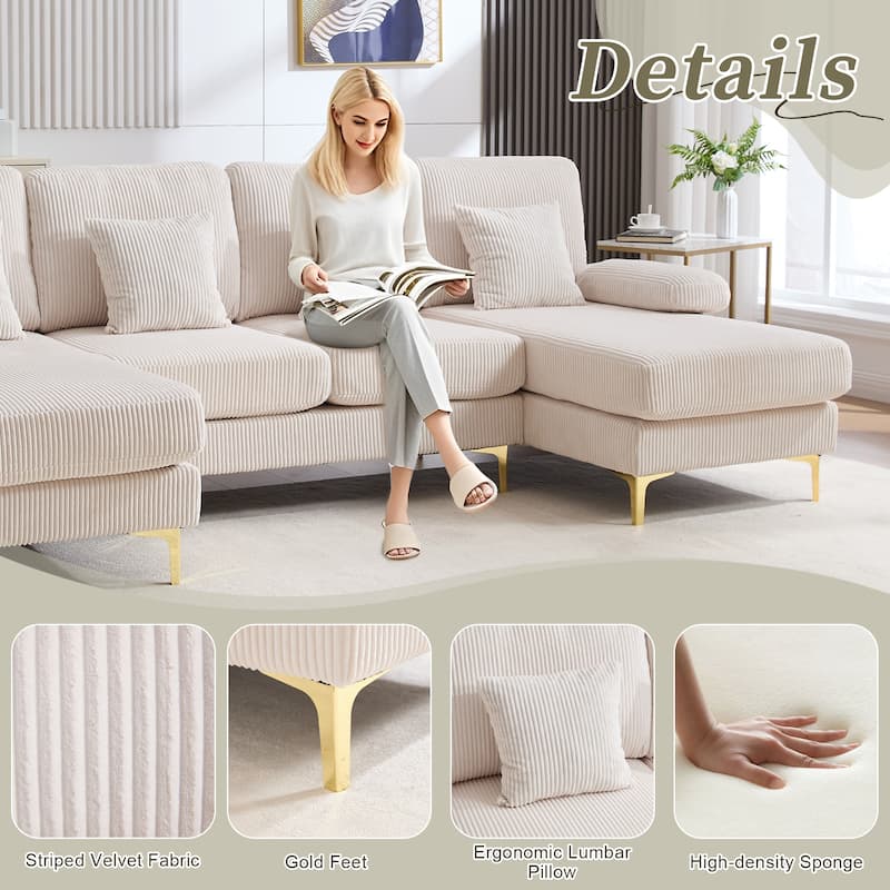 HOMEFUN Corduroy Upholstered U-shaped Adjustable Light Modular Sectional Sofa With Type-C and USB ports