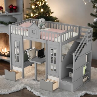 Twin over Twin Bunk Bed With Changeable Table,Conversation Desk