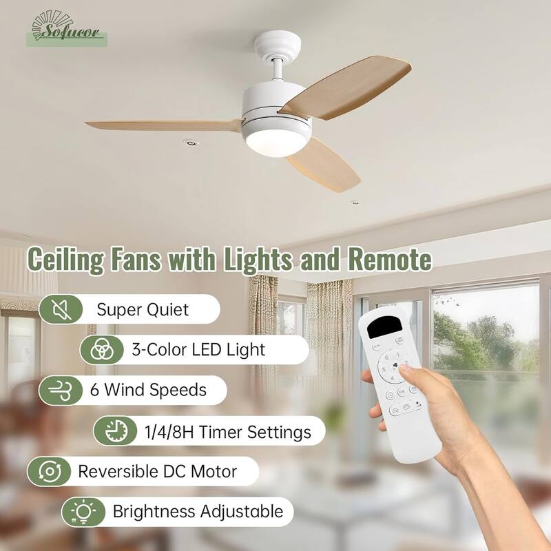 Sofucor 46''/47'' Strong Airflow High CFM Ceiling Fans with Lights and Remote Bedroom Noiseless ETL Fans