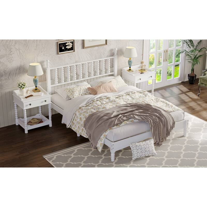 Queen Size Wood Platform Bed with Gourd-Shaped Headboard, Retro Style, Wooden Slat Support, Walnut Finish