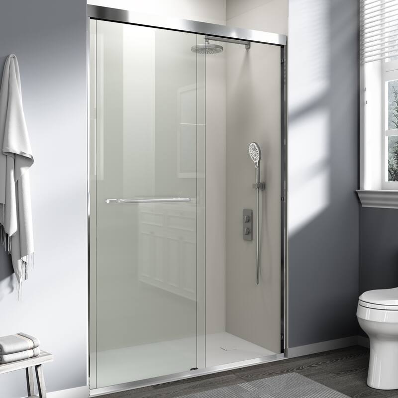 ABRUZZO 44-48" W x 72" H Semi-Frameless Double Sliding Tempered Glass Shower Door with Dual Towel Bars