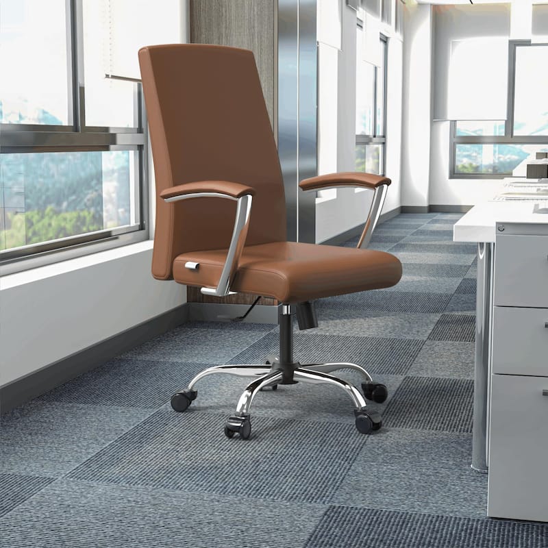LeisureMod Evander Modern Swivel Office Chair in Faux Leather with Silver Frame