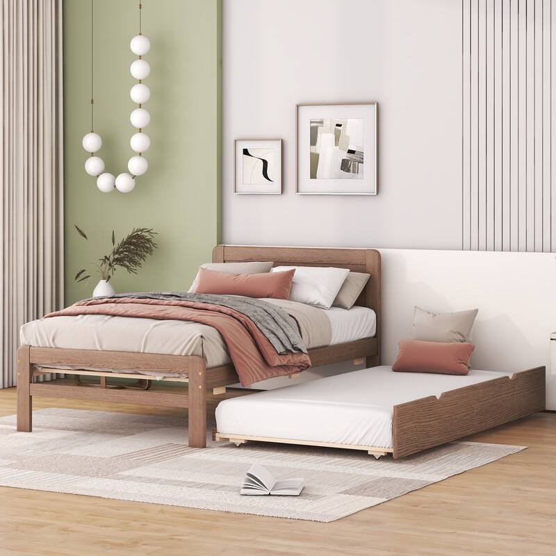 Brown Wood Twin Size Platform Bed Frame with Trundle, Rubberwood & Plywood Construction, Modern Design, Space-saving