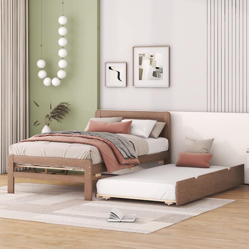 Twin Size Walnut Finish Wood Platform Trundle Bed