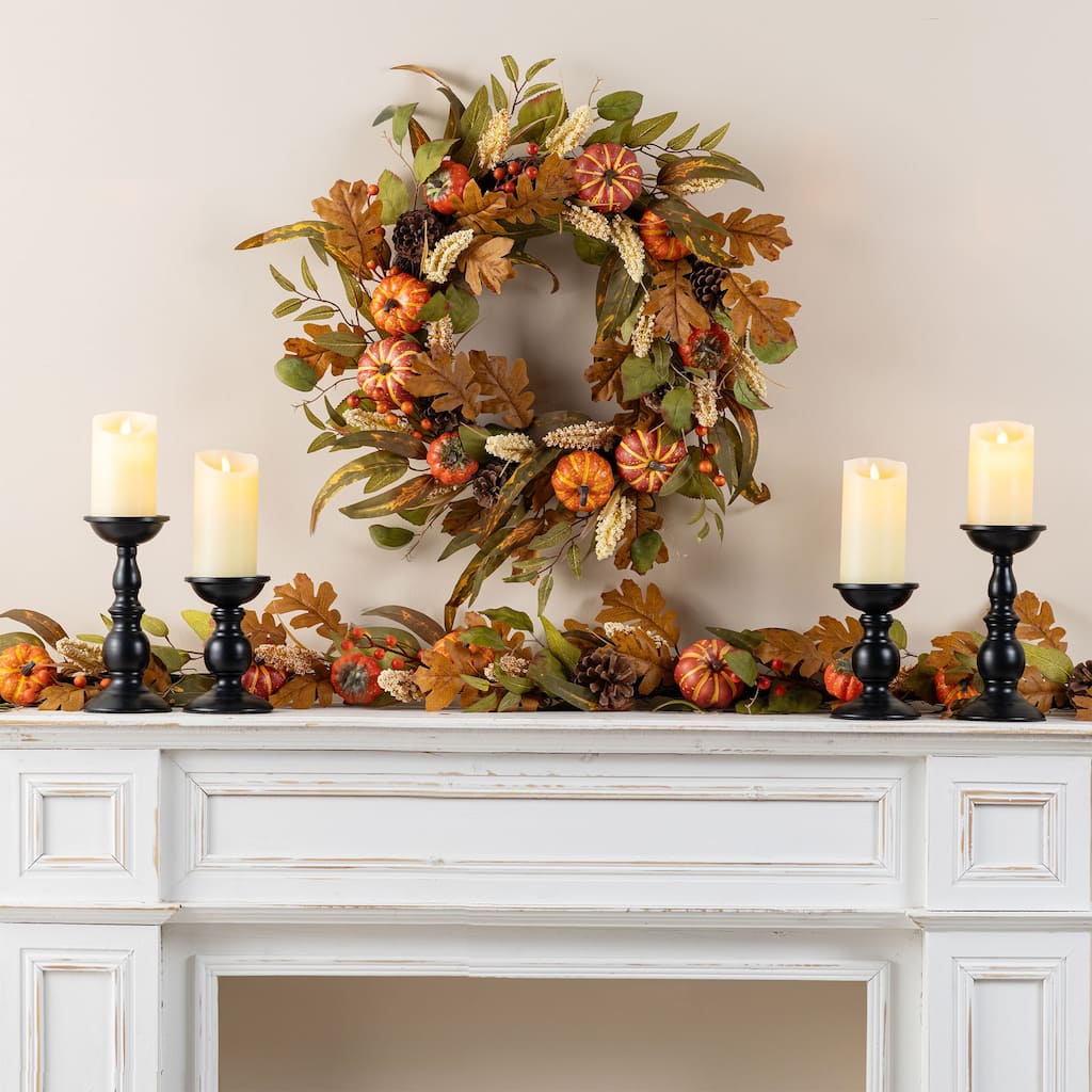 Glitzhome Fall Thanksgiving Pumpkin Leaf Floral Swag Wreath Garland for Front Door Decor