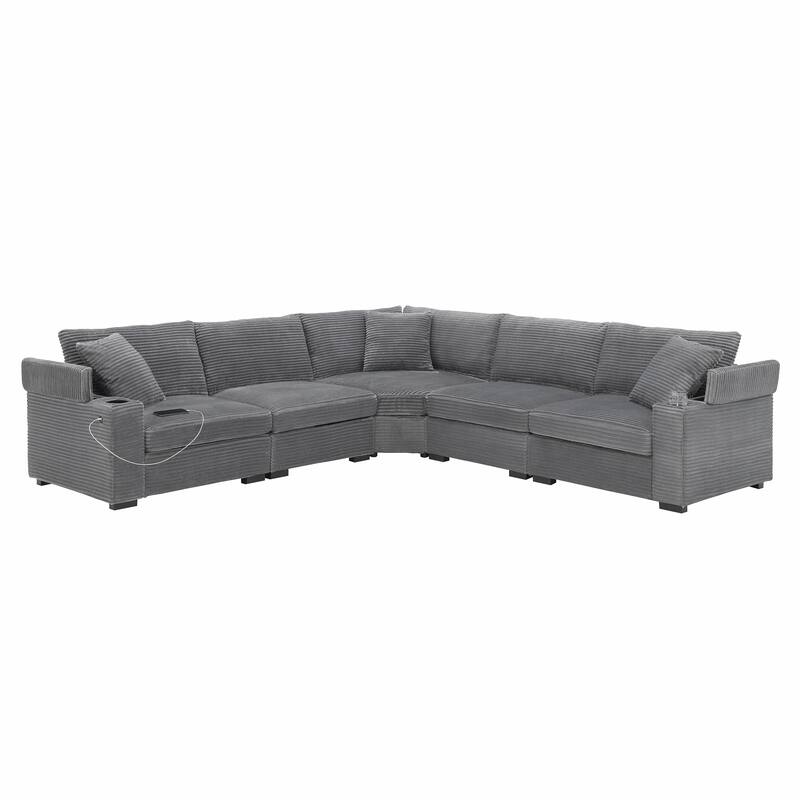 Convertible L Shaped Sectional Sofa, Oversized Corduroy Upholstered Sofa, Modular Corner Sofa with Cup Holders & USB Charger