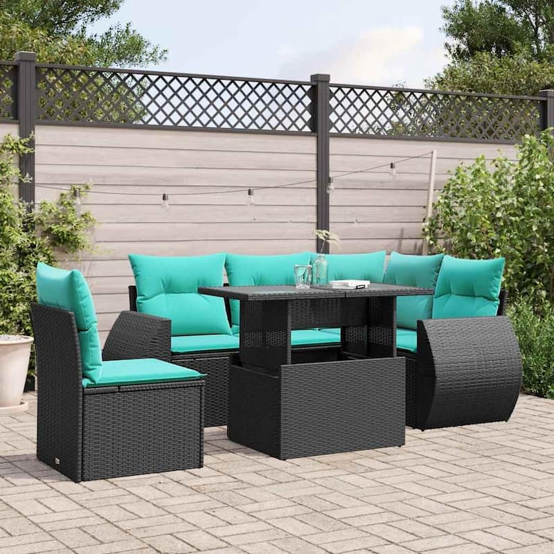 vidaXL Patio Sofa Set with Cushions and Table Outdoor 6 Piece Poly Rattan - 24.4 x 24.4 x 27.2 - Black