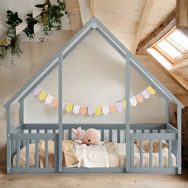 slide 2 of 12, Full Floor House Bed with Fence,Guardrails,Kids Bed Design Grey