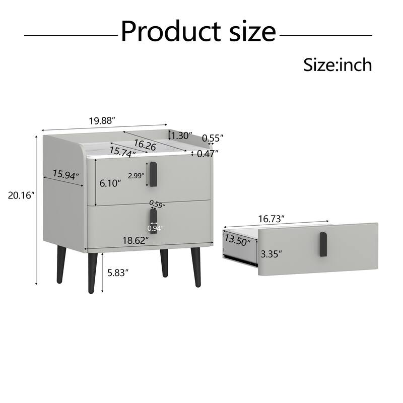 Nightstands Set of 2: 2-Drawer Marble-Pattern Top Modern Bedside/End Table - Gray