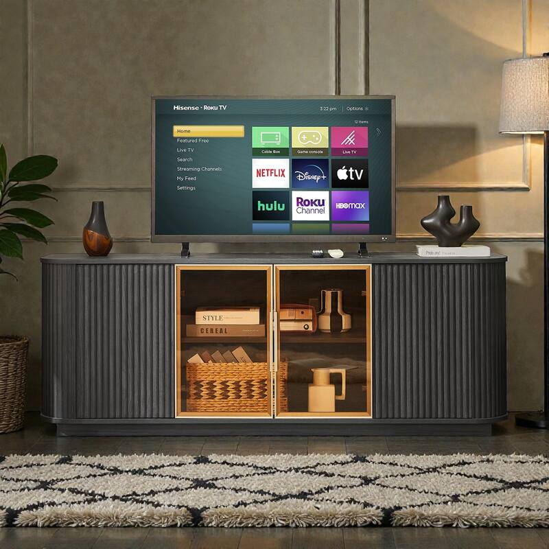 64'' Wavy TV Cabinet with LED Lights, Curved Sideboard with Vertical Stripes & Tempered Glass Doors for Living Room or Bedroom - Black
