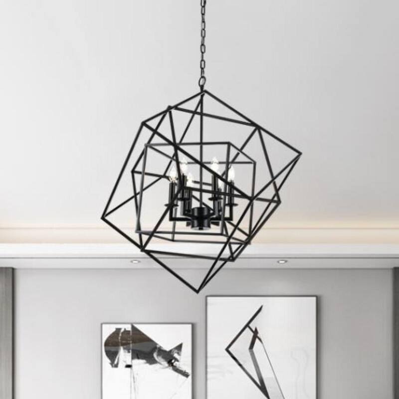 29.5" Open Work Large Cube Lantern Cubist Pendant Light Iron Art Design Pendant Ceiling Light Fixture Frame