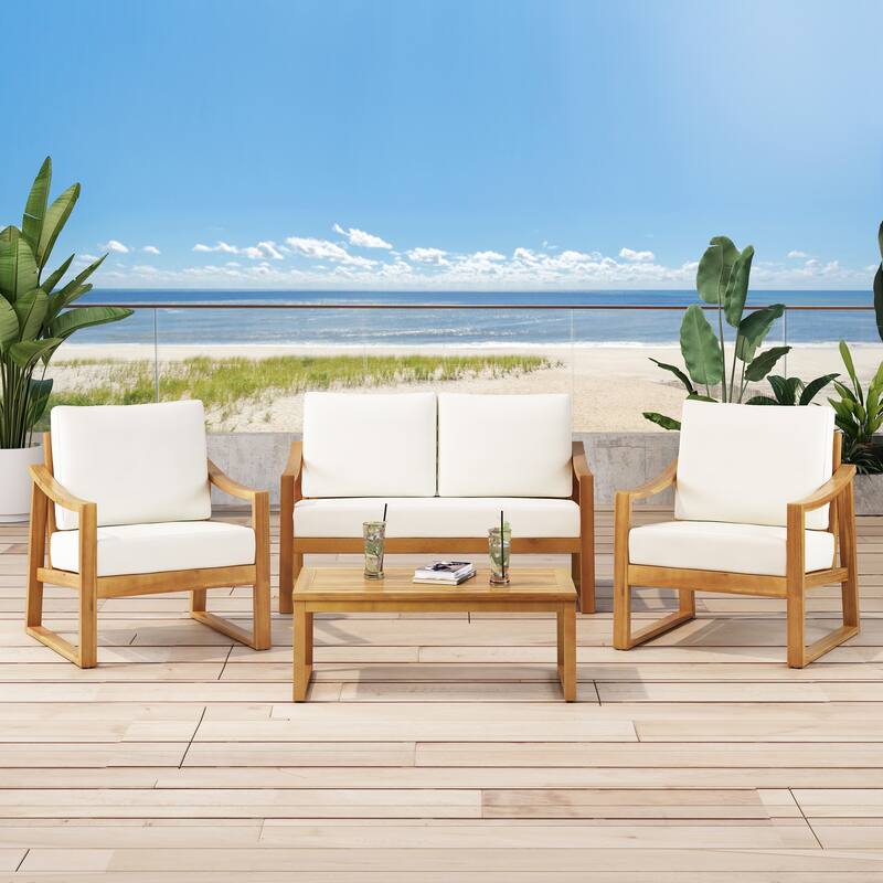 Samwell Acacia Wood Outdoor Chat Set by Christopher Knight Home - Teak Finish + Beige Cushion