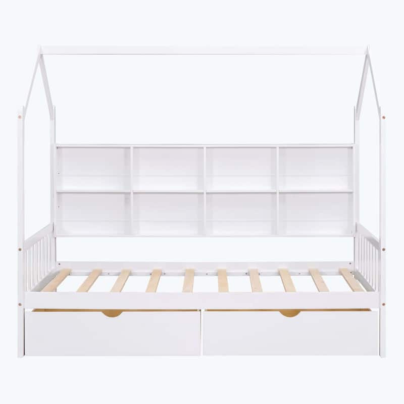 Comfortable Wooden House Bed with 2 Drawers,Kids Bed with Storage Shelf