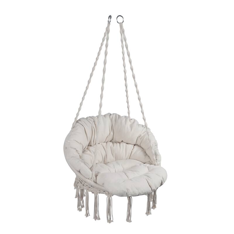 Hammock Swing Chair Hanging Chair with Fringe, Handwoven Hanging Seat with Arched Backrest & Cotton Rope