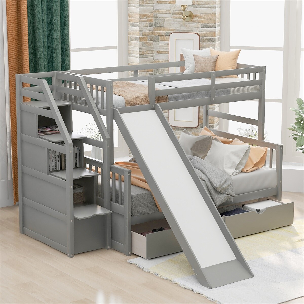 Twin over full bunk bed with slide outlet