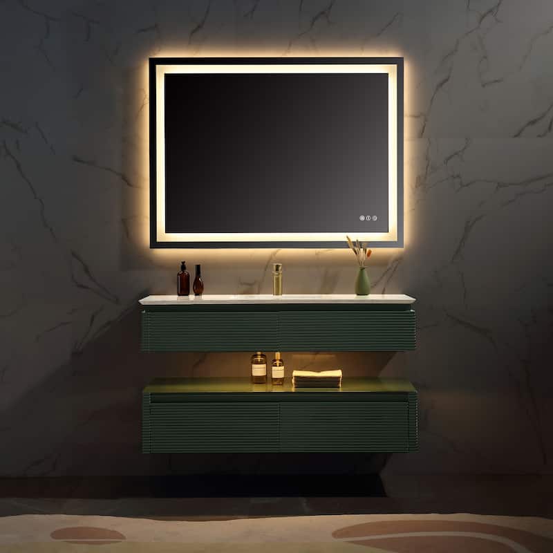 Modland 36/48 Inch LED Floating Vanity with Marble Top & Soft-Close Drawer - Green/White, Wall Drain Ready