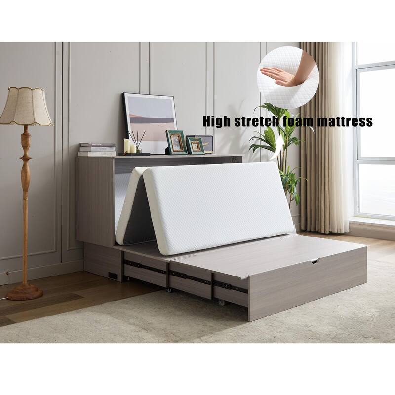 Queen Cabinet Bed with Storage, Folding Mattress, USB Ports, Space-Saving Design, Gray