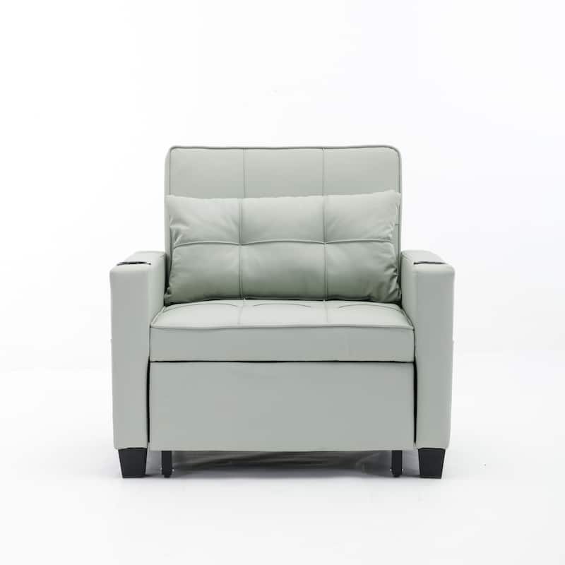 Green Faux Leather Convertible Sofa Bed with USB Ports