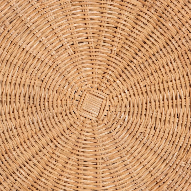 Palm Scallop Natural Rattan Ottoman with Cushion - Handwoven Wicker Stool or Footrest for Living Room or Bedroom, Coastal Boho